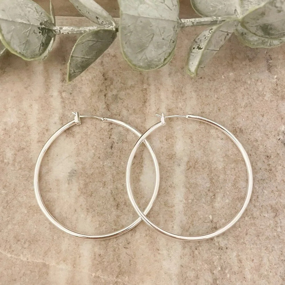 925 Sterling Silver Hoop Earrings Large Thin Hoops Silver Hoops Modern Earrings - Picture 2 of 5
